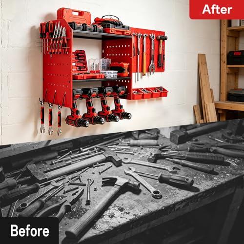 YKNIUNIU Power Tool Organizer Wall Mount, Garage Drill Storage Shelf with Hooks, Heavy Duty Metal Premium Garage Tool Shelf,Cordless Tool Storage Rack for Garage, Tool Room,Red