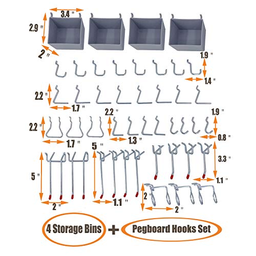 Wallmaster Pegboard Organizer Garage Storage - 48pcs Pegboard Hooks Set, Pegboard Tool Organizer with 48x24 Inch Steel Peg Board & 4 Storage Bins (Black)