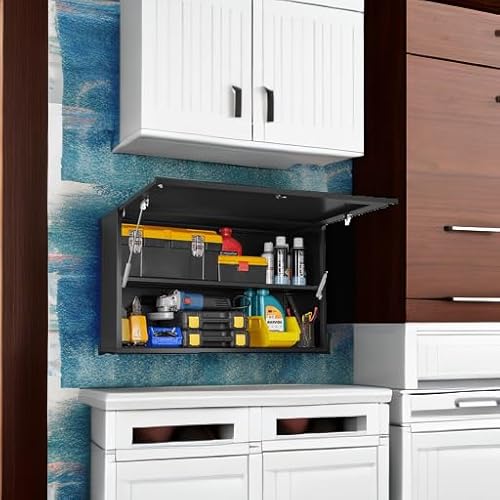 Polup Metal Garage Wall Cabinet, 20" H Wall Mounted Storage Cabinet with Door and Adjustable Shelves, Lockable Tool Cabinet, Hanging Cabinet for Workshop, Warehouse, Black - Assembly Required