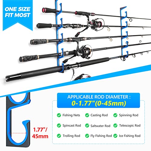 PLUSINNO H5 Horizontal Fishing Rod/Pole Holders for Garage, Wall or Ceiling Mounted Fishing Rod holder, Aviation Aluminum Fishing Pole Holder Holds up to 10 Rod or Combos or Nets Storage Racks