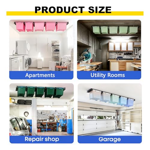 Yuleimy Overhead Garage Storage Rack for 27 Gallon Totes (6-Pack for 5 Bins), Heavy Duty Metal Ceiling Mount Hanging Bin Rails, Adjustable Storage Track System for Workspace Organization