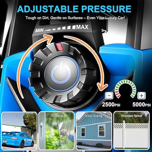 commowner Pressure Washer 5000 PSI Adjustable Pressure, Power Wahser Powered with 33ft Pressure Hose, 4 Nozzles and 500ml Foam Cannon, Powerwahser for Home, Car, Blue