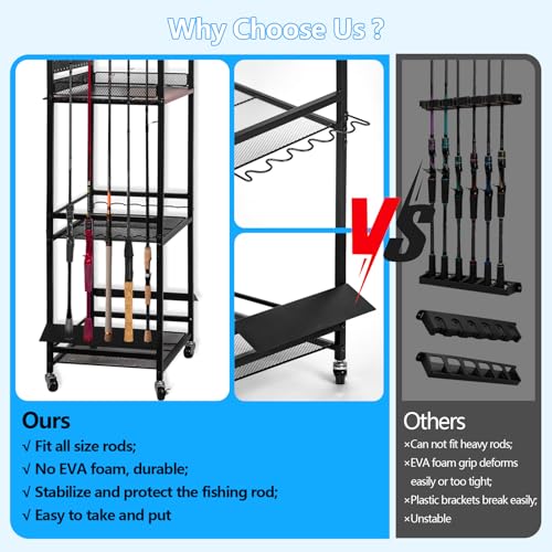Fishing Rod Holder for Garage Organization, Fishing Rod Rack, Fishing Gear Storage up to 12 Rods with Pegboard & Hooks, Heavy Duty Fishing Cart with Wheels for Fishing Storage,Tackle Box (Large)