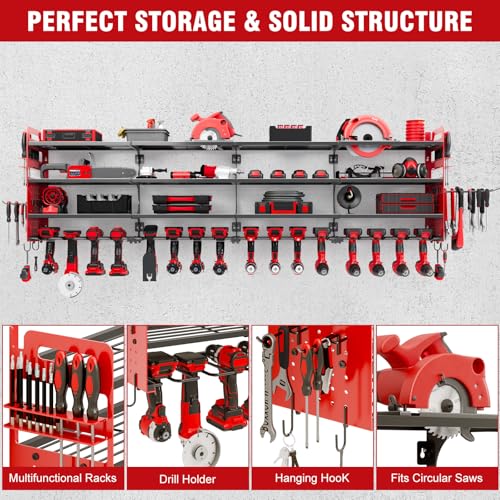Neatolgrid Large Power Tools Organizer Wall Mount, 16 Drill Holder for Garage, Workshop Heavy Duty Storage Rack(Red)
