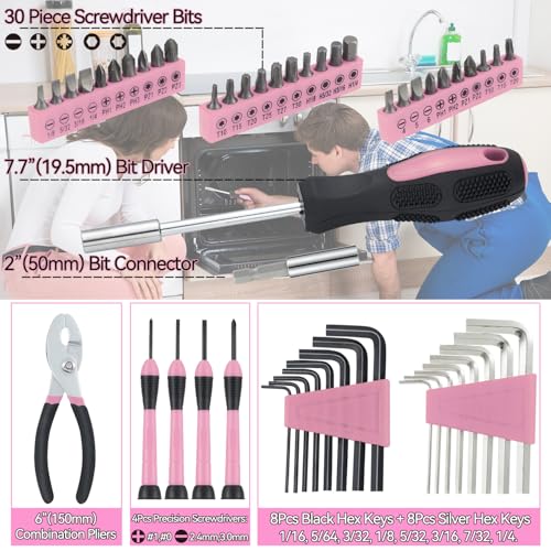 MARTCOLOR 58 Piece Household Tool Set, General Household Hand Tool Kit with Plastic Toolbox Storage Case, All Purpose Household Tool Kit for Women, Girls and Ladies, Pink