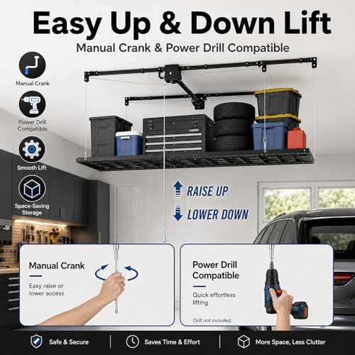 Overhead Garage Storage Rack 5x9 FT, Pull Down Garage Ceiling Storage Lift System with Drill-Operated Crank, Heavy Duty Ceiling Mounted Organizer with Safety Lock, 400 LBS Capacity