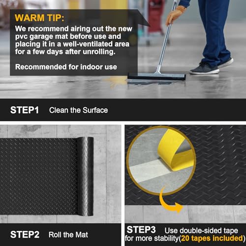 7.5x18 FT Garage Floor Mat, Flooring Roll with 20Pcs Tapes, 135 sqft Diamond Plate PVC Rubber Trailer Mat, Non-Slip Floor Mat for Garage, Warehouse, Gyms, Trailer, Pickup Truck (Black)