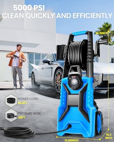 Electric Pressure Washer,5000 PSI Adjustable Pressure,4GPM Power Washer Electric Powered with Foam Cannon,4 Nozzle,33FT Hose and Soap Bottle for Home/Cars/Fences (Blue)
