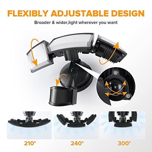 LUTEC 72W 7500LM LED Security Lights Motion Sensor Light Outdoor, 5000K Daylight, IP65 Waterproof, Dusk to Dawn, 3-Head Motion Detected Flood Light for Garage, Yard, Porch(Black)