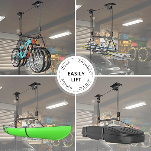 TRUSOON Ceiling Storage Hoist for Cargo Box - Heavy Duty Garage Storage Lift - Garage Pulley Lift System for Rooftop Carriers, Holds up to 150 lbs Capacity and Fit 10-14 Foot Tall Garage Ceilings