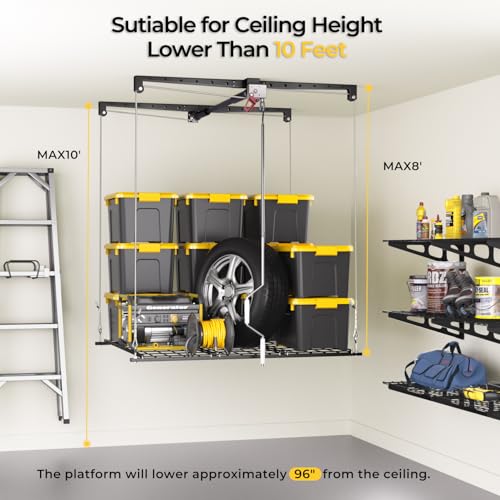 KOKORACKER Garage Ceiling Storage Rack, 4x4 Ft Adjustable Overhead Garage Storage Rack Lift, Heavy-Duty Ceiling Mounted Storage Lift System for Garage Organization, 250lbs Weight Capacity