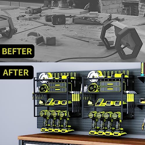 KAFAHOM Power Tool Organizer,4 Layer Drill Holders Wall Mount,Heavy Duty Metal Organizers and Storage Rack for Garage Organization,Tools Shelves with Screwdriver Plier/Hammer Holder, Black
