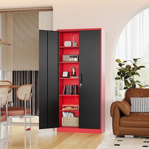 Fesbos Metal Storage Cabinet-71” Tall Steel File Cabinets with Lockable Doors and Adjustable Shelves-Black&Red Steel Storage Cabinet for Home, School, Office, Garage