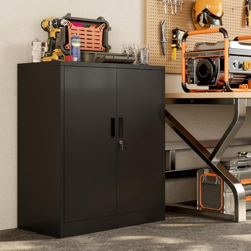 BESFUR Metal Storage Cabinet, Garage Storage Cabinet with 2 Adjustable Shelves, Locking Short Storage Cabinet for Office Garage Home, Black Metal Cabinets (36" H x 31.5" W x 16" D)