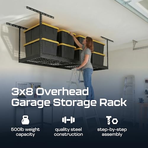 SafeRacks 3x8 Overhead Garage Storage Rack - 500 Pound Weight Capacity Height Adjustable Steel Ceiling-Mounted Rack with Accessories (Hammertone) (24"-45")