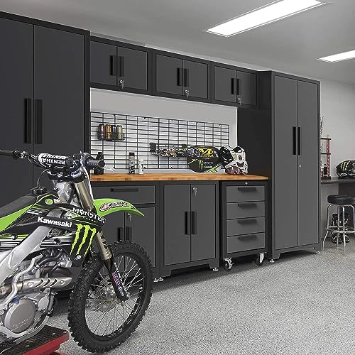 TCE Heavy Duty 12 Piece Garage Storage System: Metal Organization Workbench and 4-Drawers Rolling Cabinet, Black/Grey