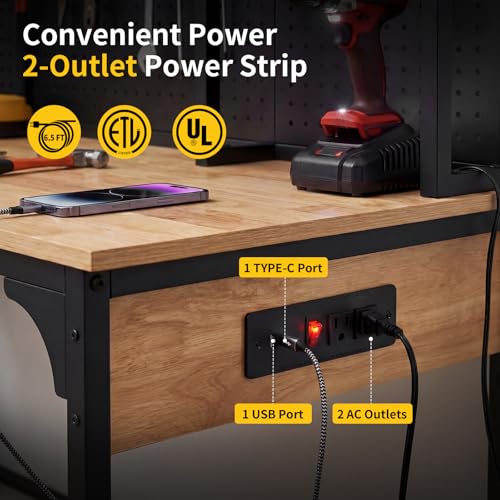 Northsky Workbench with LED Light & Power Strip, 48'' Heavy Duty Garage Work Bench with Storage, Pegboard, USB & Type-C Ports, Tool Table for Workshop, Garage, Studio, Warehouse, 3D Printer Table