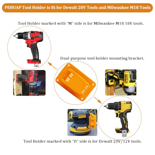 PEHUAP 12-Pack Battery Holder and Tool Holder Wall Mount Set for Dewalt 20V/60V, Drill Tool Hanger Organizer Battery Storage Rack with 36 Screws for Garage Workshop Organization