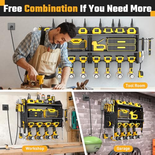 ZESEN Power Tool Organizer Wall Mount, 3 Layer Charging Station with 6 Outlets, 4 Drill Holders and Drill Bit Rack, Tool Holder Storage Shelf Rack for Garage, Workbench and Workshop, Black