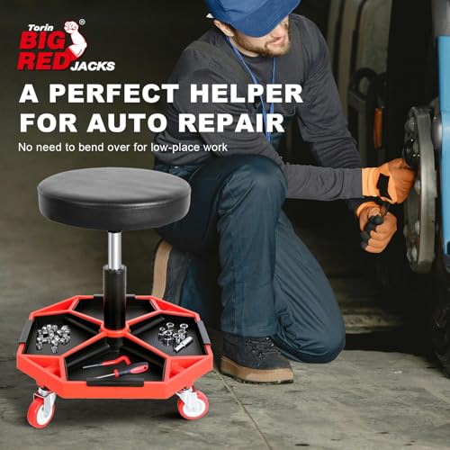 Torin ATRXF8308B Pneumatic Mechanic Stool/Rolling Shop Creeper Seat with Adjustable Height and 4 Removable Tool Trays, 300 lb Capacity, Black/Red