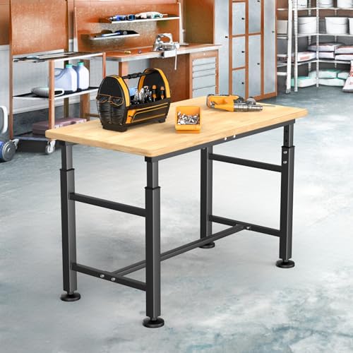 TORACK Adjustable Workbench with Rubberwood Top, 47.75" x 23.25" Heavy-Duty Garage Work Table, Height Adjustable 29"–41", Supports Up to 2000 lbs