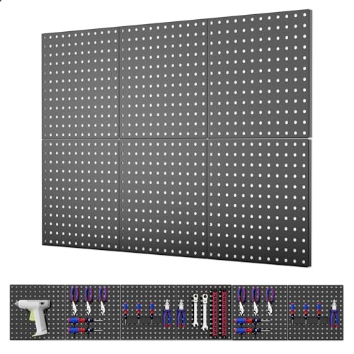 ValueMax 6 Pack Metal Pegboard Panels, 12”x 12” Heavy Duty Metal Pegboard Wall Organizer for Home, Garage, Workbench, Kitchen, Craft Room Tool Storage, Black Modular Peg Board Organizer Board