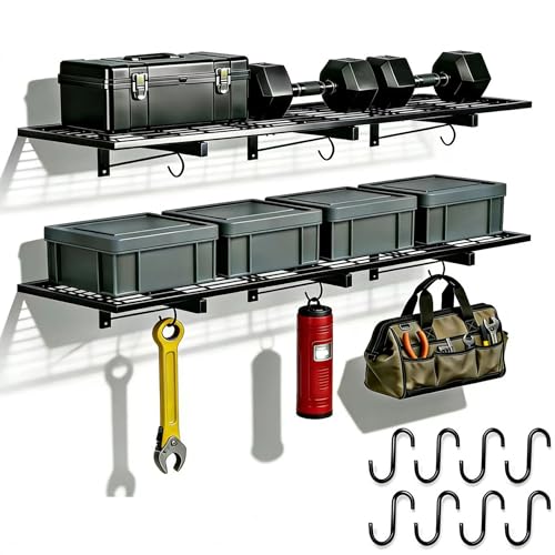 2 Pack Heavy Duty Garage Wall Shelves, 46"x12.5" Wall Mounted Floating Storage Shelf with 8 Hooks, Reinforced Powder Coated Steel Industrial Shelving, 380 LBS Load Capacity for Basement Workshop Shop