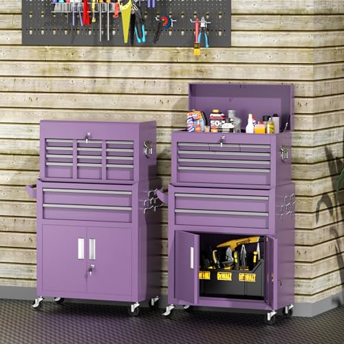 Brightpeak 8-Drawer Rolling Tool Chest – Heavy-Duty Steel Tool Cabinet with Detachable Top Box & Locking Wheels – Secure 2-in-1 Garage Workshop Storage, Tool Organizer(Purple)