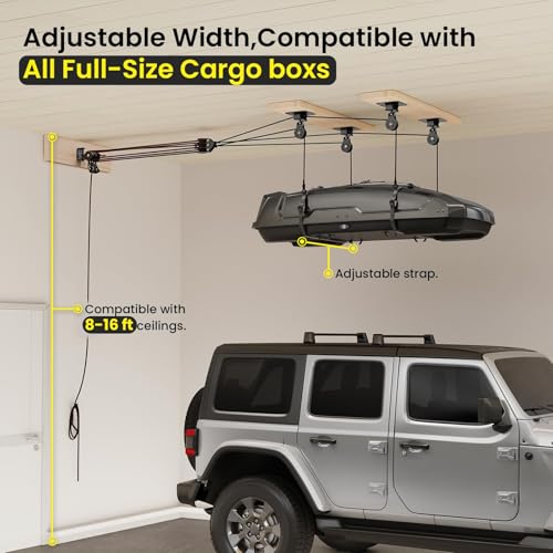 Cargo Box Ceiling Storage Hoist,180lbs Pulley System for Garage Ceiling Storage, Heavy Duty Garage Pulley Lift System for Roof Cargo Box, Garage Hoist for Overhead Storage, Fits 8-16ft Ceilings
