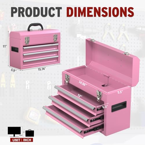 Kieperi 3 Drawers small Tool Box, Portable 3 Drawer Steel Tool Box with Locking System toolbox organization with Liner for Tools Storage (Pink)