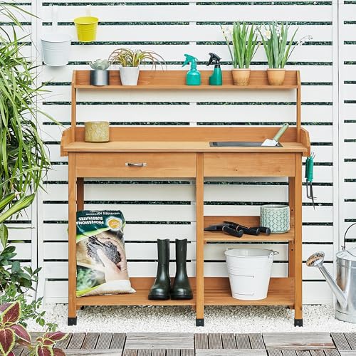 Yaheetech Potting Bench Outdoor Garden Work Bench Station Planting Solid Wood Construction for Horticulture w/Sink Drawer Rack Shelves Natural Wood