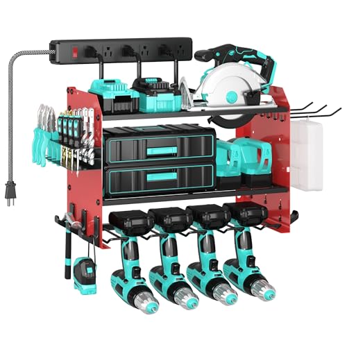 CFMASTER 3 Layer Heavy Duty Power Tool Organizer Wall Mount with Charging Station, Adjustable Metal Storage Rack, 6 Outlets Power Strip, Drill Holders, Hooks & Drill Bit Rack for Garage, Workshop, Red