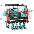 CFMASTER 3 Layer Heavy Duty Power Tool Organizer Wall Mount with Charging Station, Adjustable Metal Storage Rack, 6 Outlets Power Strip, Drill Holders, Hooks & Drill Bit Rack for Garage, Workshop, Red