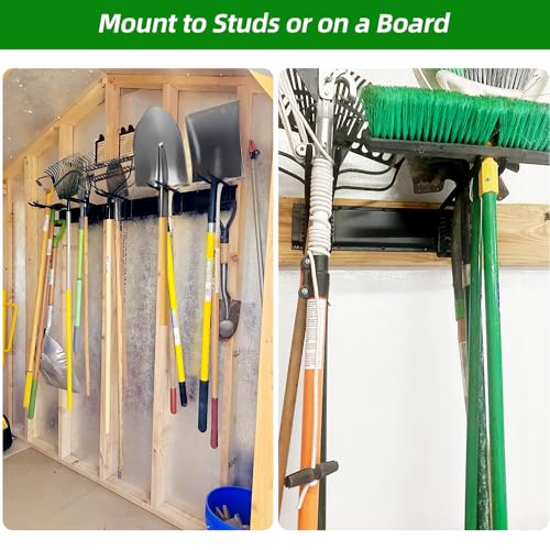 PIYILO Garage Tool Organizer Wall Mount with 48 inches Rails and 6 Double-layer Hooks, Garden Tool Rack Heavy Duty, Garage Hanging Storage Rack For Yard Tools, Shovel, Shed
