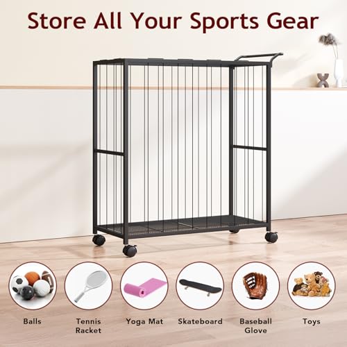 Homsorout Ball Storage Bin Rolling Sports Ball Cart, Metal Garage Organizer Sport Rack, Ball Basket Storage, Ball Cage for Garage or Gym, Indoor & Outdoor Sports Equipment Organizer Black