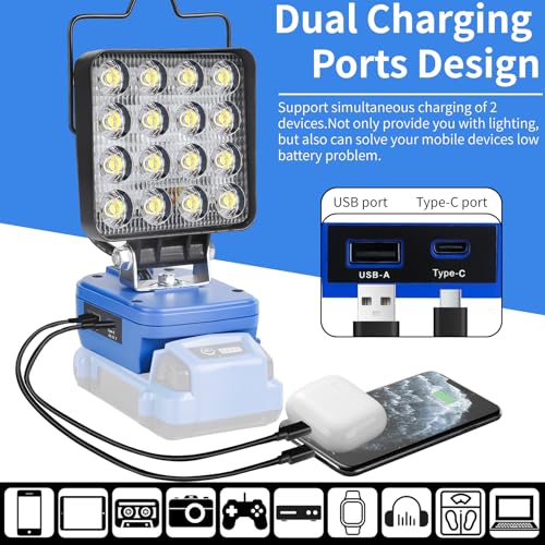 Fiihio Portable LED Work Light Compatible with Kobalt 24V Battery, 48W 4200LM Cordless Flood Lights with USB & Type-C, Low Voltage Protection, for Job Site Lighting, Camping Outdoor (No Battery)