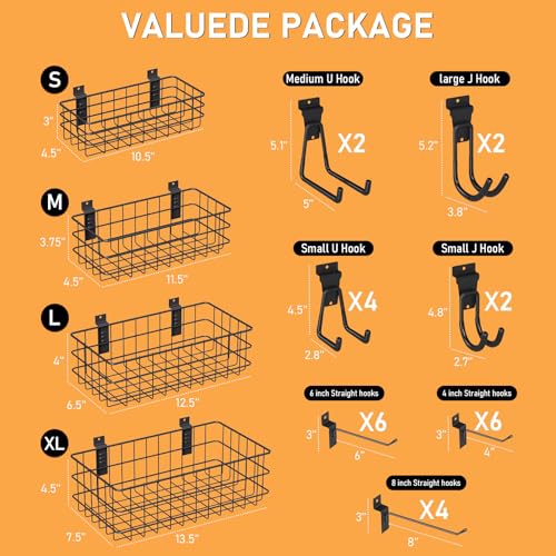 INCLY 30PCS Slatwall Accessories Set, Includes 4 Pack Ventilated Metal Wire Slatwall Baskets and 26PCS Multisized Heavy Duty Slatwall Hooks for Garage Organization Rooms Workshop Storage