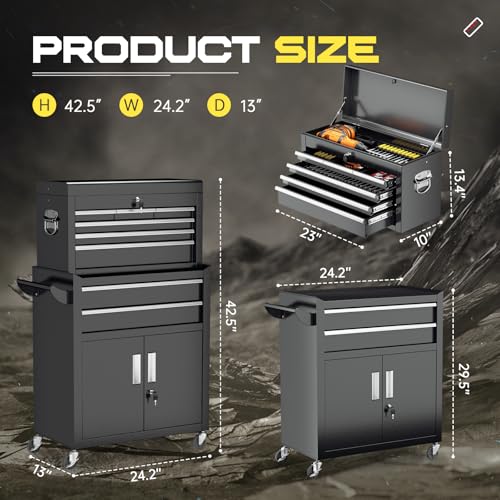 Omelaza 8-Drawer Rolling Tool Chest with Lock, Detachable Tool Cabinet Cart with Wheels, High-Capacity Mechanic Tool Organizer for Garage Workshop Warehouse Storage