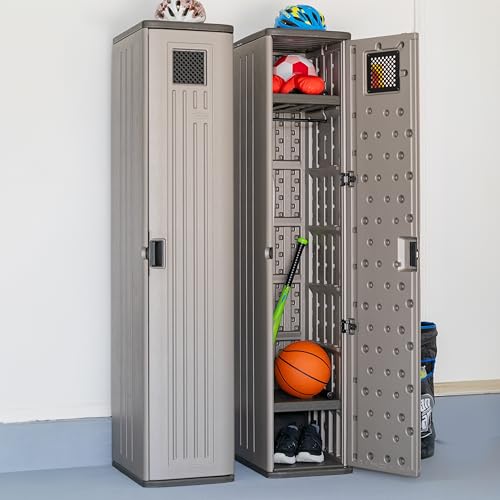 Suncast Tall Storage Locker for Garage Organization - 72" Lockable Organizer with Shelving for Garden Supplies, Paint Cans & Outdoor Tools, Multi-Wall Resin Construction, Platinum