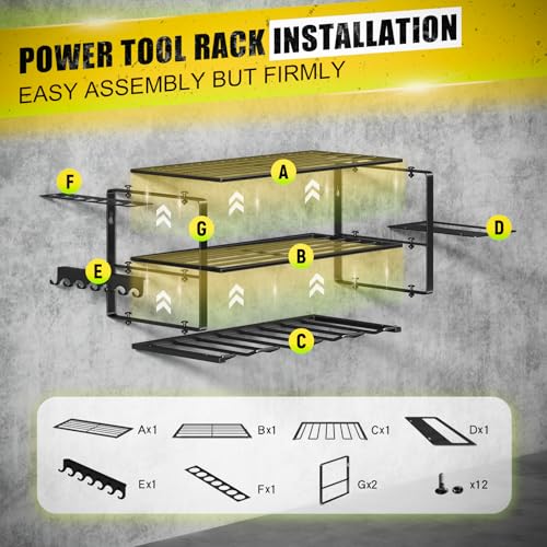 Hipidian Power Tool Organizer Wall Mount - Storage Rack with 4 Drill Holders for Drills Cordless Tools. Heavy Duty Iron Garage Tool Organizer Storage for Workshop Shed (4 Slots 3 Layers)