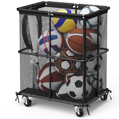 smusei Ball Storage Bin Rolling Sports Ball Storage Cart Garage Sports Equipment Organizer Rack with Wheels Outdoor Basket Ball Cage for Garage, School, Gym, Yoga Room