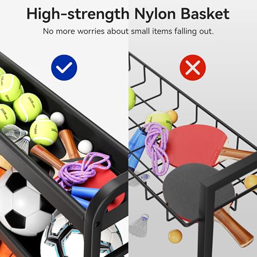 Keepmisc Sports Equipment Organizer, Large Capacity Garage Ball Storage Rack with Wheels, Heavy-Duty Rolling Ball Cart for Basketball, Soccer & Sports Gear