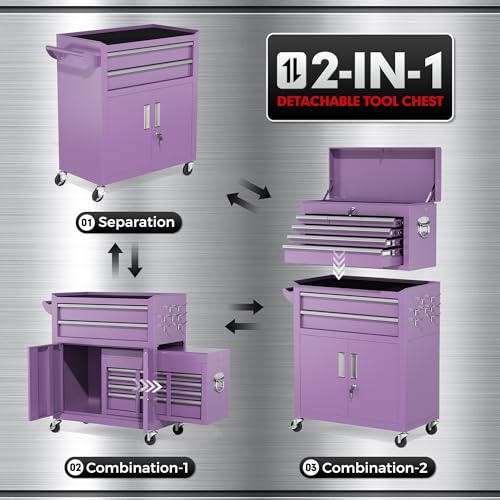 Brightpeak 8-Drawer Rolling Tool Chest – Heavy-Duty Steel Tool Cabinet with Detachable Top Box & Locking Wheels – Secure 2-in-1 Garage Workshop Storage, Tool Organizer(Purple)