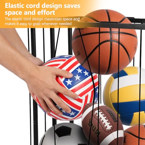 Garage Ball Storage Sports Ball Cart with Wheels - Sports Equipment Organizer for Basketball,Soccer,Volleyball,Space-Saving-Ball Rack with Elastic Rope,Basketball Holder for Home,Gym, Indoor,Outdoor