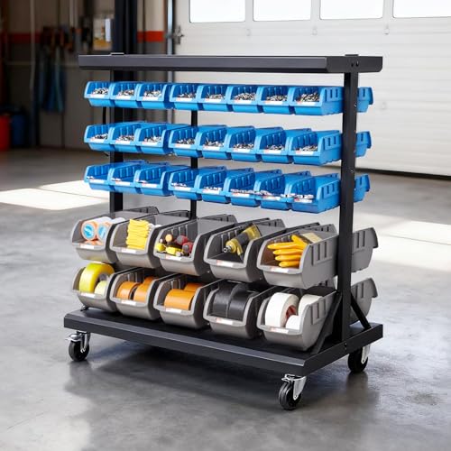 VEVOR 5-Tier Double-Sided Rolling Bin Storage Rack, 68 Plastic Bins, Dual-Sided Parts Organizer with Wheels, Mobile Tool Organizer for Garage, Warehouse, Office, Restaurant, Classroom, Kitchen