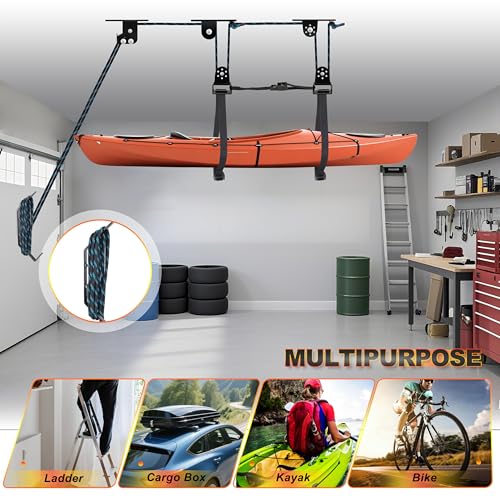 Hikeen Kayak Hoist for Garage Ceiling, Heavy Duty Kayak Pulley System, Hold Up to 150 lbs Capacity, Cargo Box Storage, Garage Organization Lift System Fit 10-14 Foot Ceilings