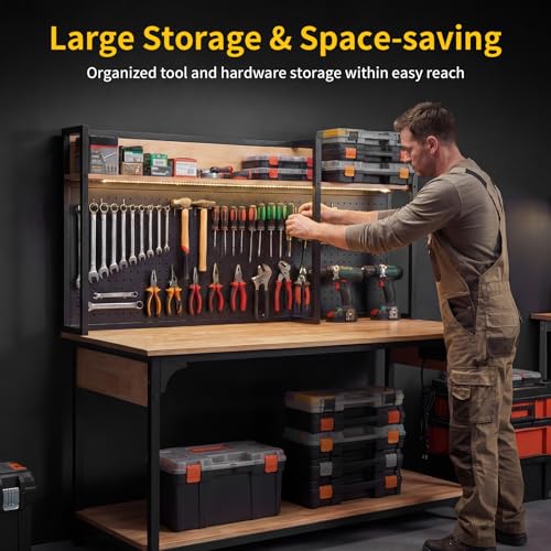 Northsky Workbench with LED Light & Power Strip, 48'' Heavy Duty Garage Work Bench with Storage, Pegboard, USB & Type-C Ports, Tool Table for Workshop, Garage, Studio, Warehouse, 3D Printer Table