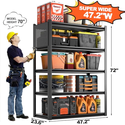 Jaqiumn Metal Garage Shelving Unit, Heavy Duty Adjustable Industrial Storage Shelves, Steel Storage Rack for Garage, Warehouse, Basement, Black, 72" H x 47.2" W x 23.6" D, 1 Pack