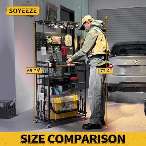 SOYEEZE Fishing Rod Holders for Garage,Fishing Gear Holder for Fishing Rod Tackle Box Storage，Fishing Pole Holders for 12 Rods with Hooks and Pegboard,Fishing Cart with Reel Rack, Large Size