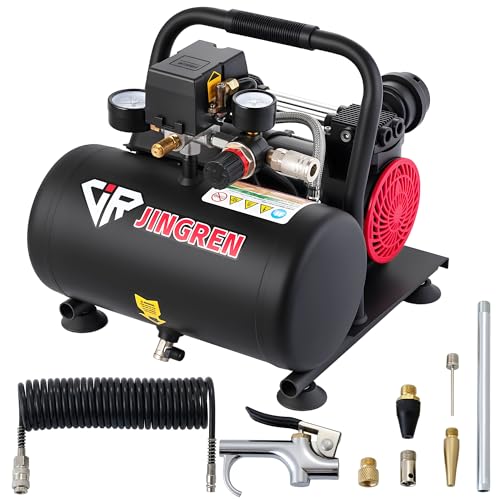JIR JINGREN 1HP Quiet Air Compressor,1 Gallon Steel Tank, 1.65CFM @ 90PSI Oil Free Air Compressor & Max. 120PSI Pressure for Tire Inflation,Nailing,Home DIY Project(With Accessories Kit)